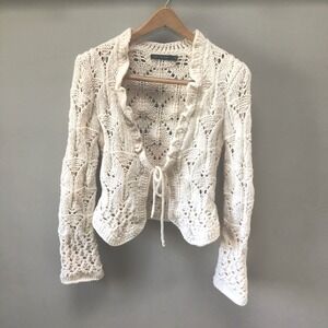 The Limited Cream Wool Blend Pointelle Knit Tie Front Ruffle Cardigan MACN0054 S